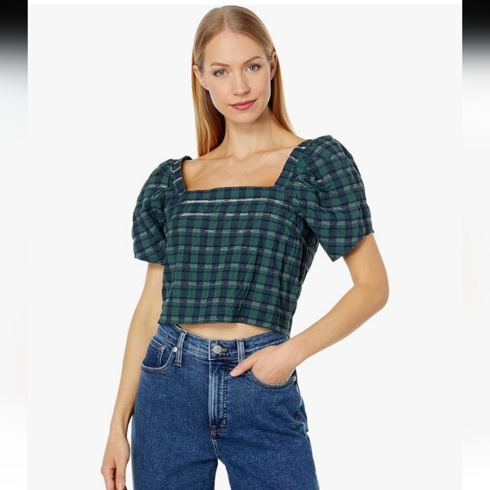 Madewell Gemma Plaid Short Sleeve Cropped Top Blouse Women's Size XXL Green Blue